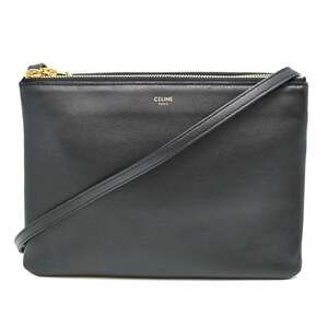 Celine Trio Large Pochette Women's Shoulder Bag 171453 Leather Black